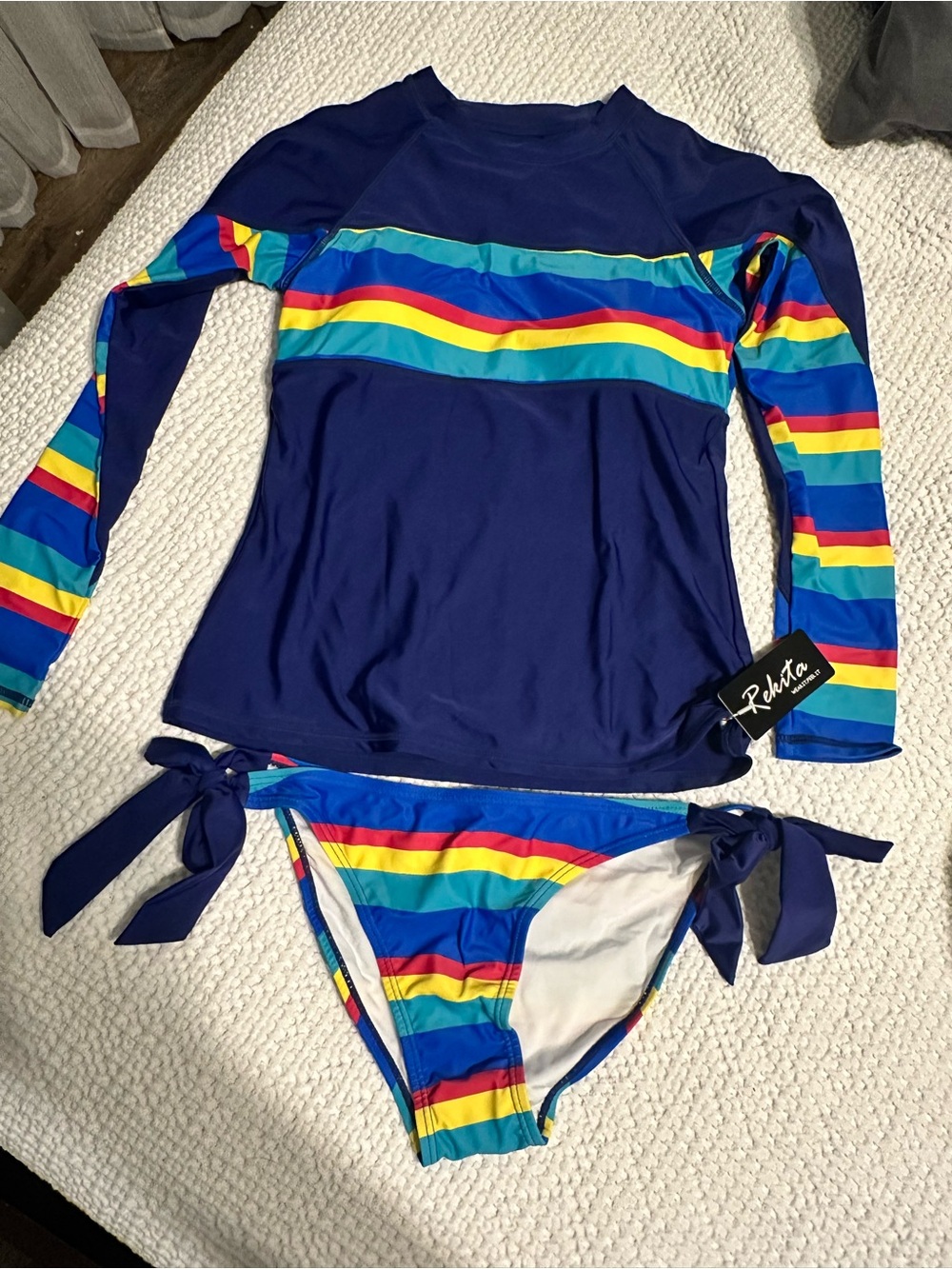 Rekita Blue Rainbow Stripe Long-Sleeve Rash Guard Bikini Set